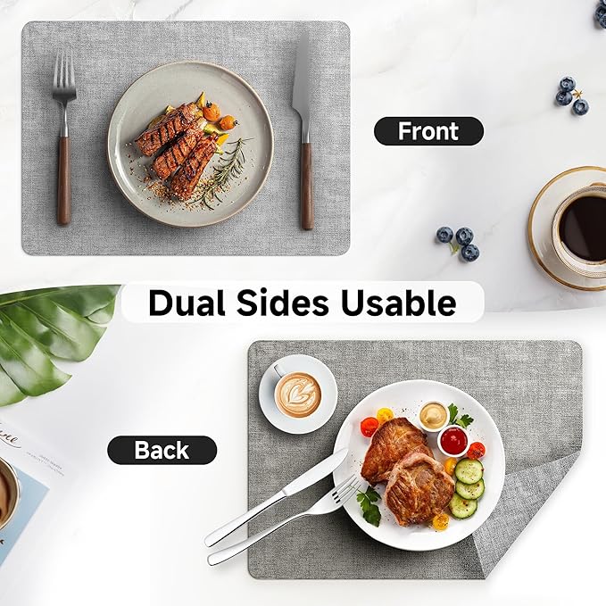 Faux Leather Vinyl Placemats Set of 6 Wipeable Heat Resistant Place Mats 100% Washable - Waterproof - Anti Slip Reversible Table Mats for Kitchen/Dining/Party, 12" x 16.5", Smokey Grey & Dark Grey