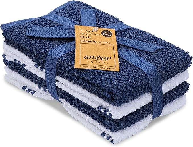 AMOUR INFINI Kitchen Towels Pack of 4 - Absorbent, Quick Drying Premium Cotton Tea Towel - Kitchen Linens 16x28 Inch Dish Towels with Hanging Loop (Blue)