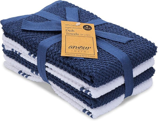 AMOUR INFINI Kitchen Towels Pack of 4 - Absorbent, Quick Drying Premium Cotton Tea Towel - Kitchen Linens 16x28 Inch Dish Towels with Hanging Loop (Blue)