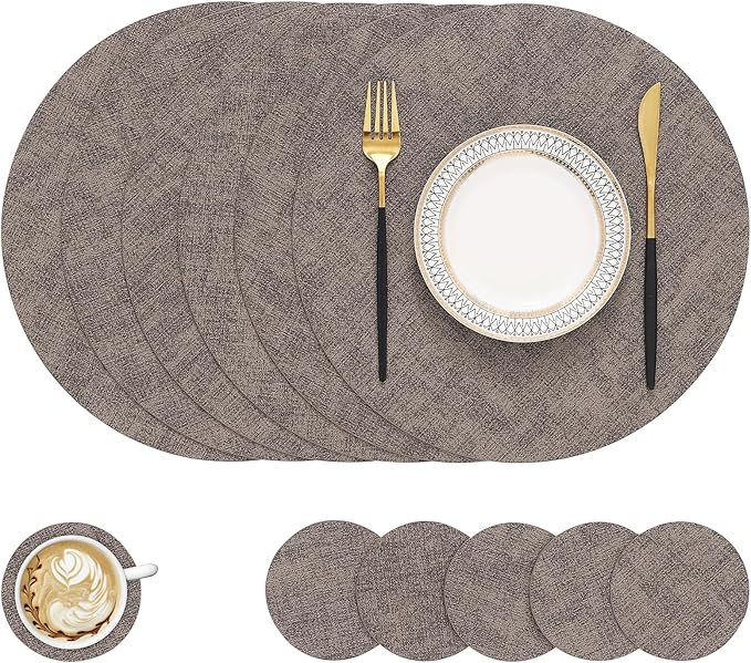 homing Round Faux Leather Placemat and Coaster 6 Packs, Washable Heat Resistant Dining Place Mats, Wipeable Double-Sided Table Mats for Indoor and Outdoor, Diameter 13 and 3.93 inch, Brown