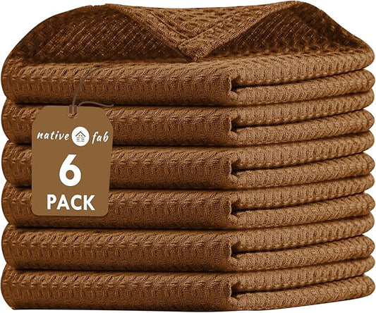 Native Fab 6 Pack Waffle Dish Cloths -100% Cotton, Absorbent, Quick Drying & Soft Towels for Cleaning, Cooking & Drying Dishes - Perfect for Home, Restaurants & Bars, 12" x 12" - Brown