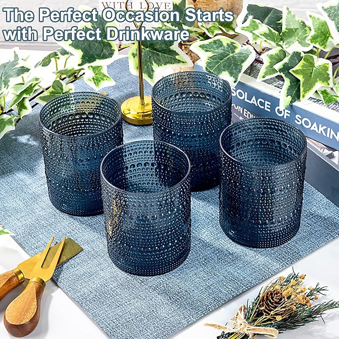 YOUBET 24PCS Plastic Hobnail Drinking Glasses - 14 Oz Blue Vintage Glasses Drinkware - Disposable Beaded Cups for Juice, Wine, Party