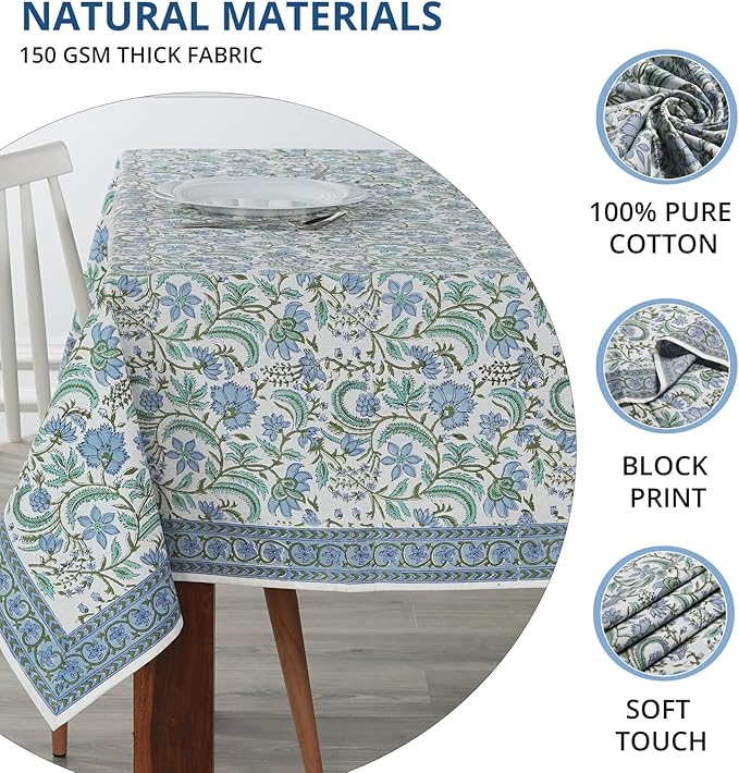 Ridhi Columbia Blue Hand Block Print Cotton Rectangle Tablecloth 160 x 72 inches Reusable Table Cover Decorative Everyday Use for Dining Room, Farmhouse, Home, Party, Festive & Wedding, Fall