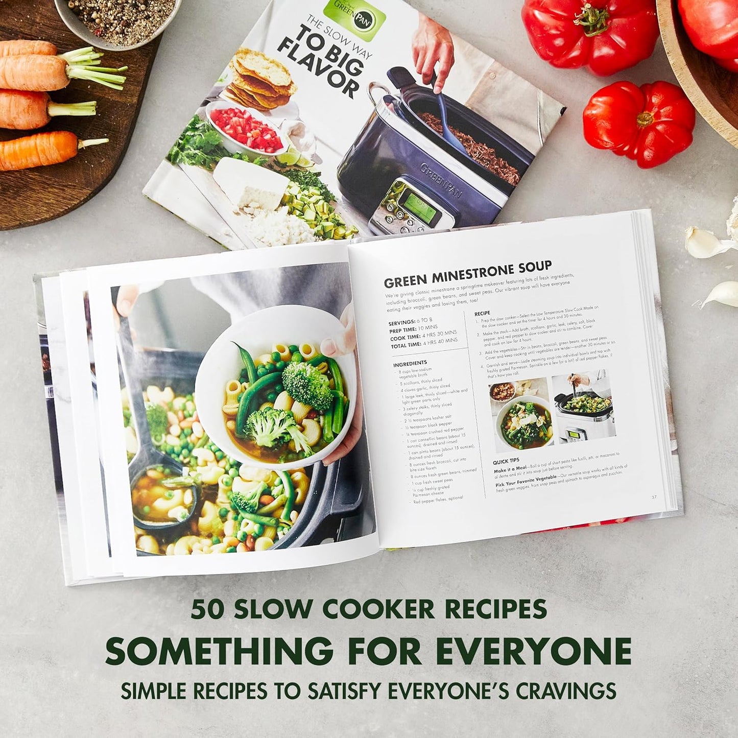 GreenPan Elite Electric Slow Cooker Cookbook, Hardcover, 50 Simple Step Recipes, Breakfast Lunch Dinner Dessert Meals, Quick Easy Tips