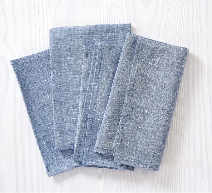 Solino Home Linen Cloth Napkins Set of 4-100% Pure Linen Chambray Indigo Dinner Napkins 20 x 20 Inch - Athena, Handcrafted and Machine Washable - Christmas, Holiday, Winter