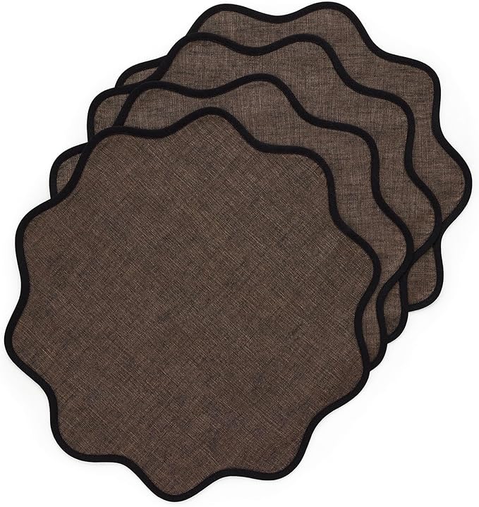 Solino Home Scallop Linen Placemats Set of 4-100% Pure Linen Black and Chambray Brown Round Cloth Placemats 16 Inch for Fall, Thanksgiving - Giselle Scallop Edge, Handcrafted and Machine Washable