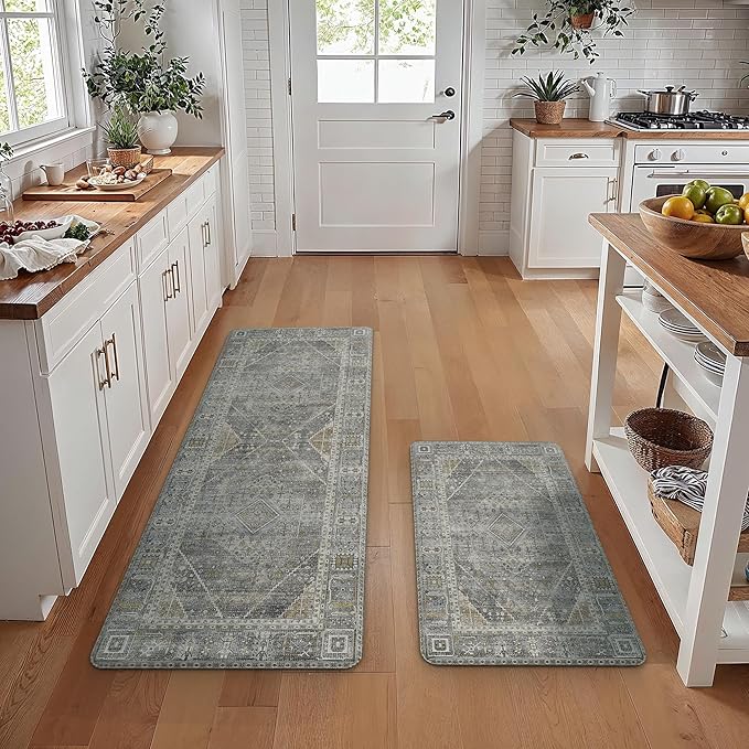 GENIMO Kitchen Mats for Floor 2PCs, Washable Anti Fatigue Mat for Cushioned, 17.3"x59"+17.3"x30", Waterproof Kitchen Rugs, Non Slip Comfort Standing Mat Rug for Home, Sink, Laundry, Lightgrey