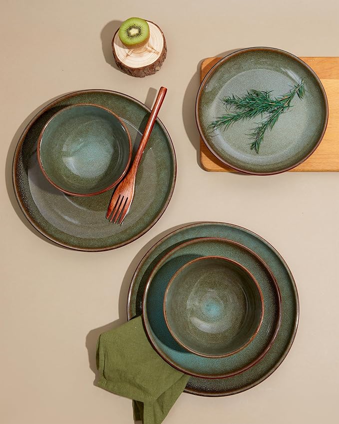 24 Piece Dinnerware Sets for 8, Modern Stoneware Plates and Bowls Setst, Perfect for Family Gatherings & Holiday Celebrations, Easy Cleaning Dishes Set, Stack Compactly Dishware, Brown Green