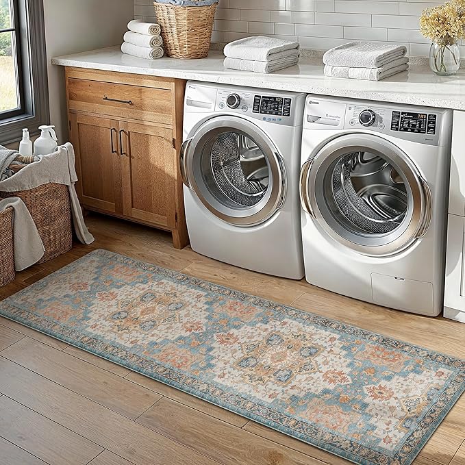 GENIMO Kitchen Mats for Floor 2PCs, Washable Anti Fatigue Mat for Cushioned, 17.3"x59"+17.3"x30", Waterproof Kitchen Rugs, Non Slip Comfort Standing Mat Rug for Home, Sink, Laundry, Blue&Salmon