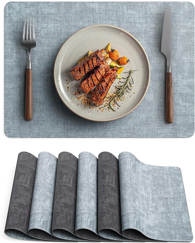 Faux Leather Vinyl Placemats Set of 6 Wipeable Heat Resistant Place Mats 100% Washable - Waterproof - Anti Slip Reversible Table Mats for Kitchen/Dining/Party/Outdoor, 12" x 16.5", Light Blue & Black