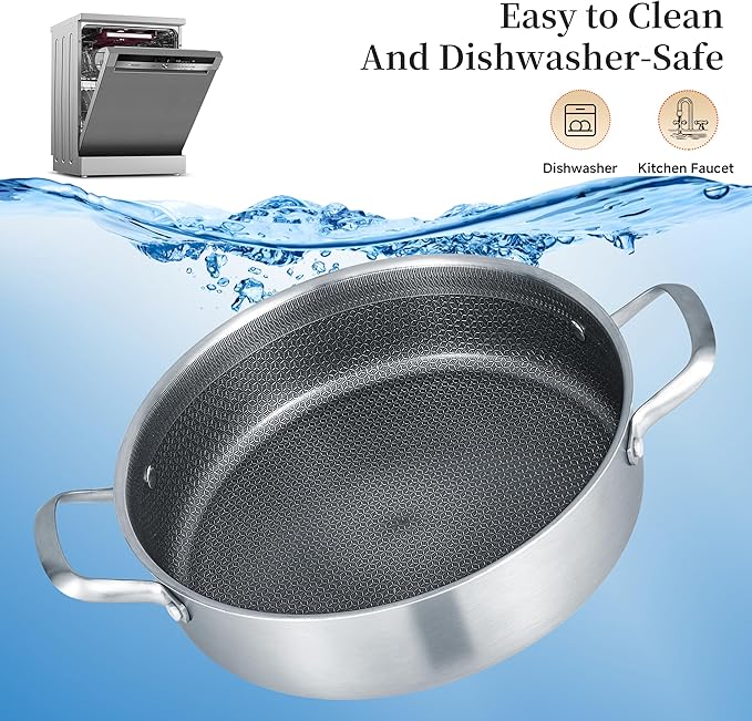Inqibee 6 QT Hybrid Tri-Ply Stainless Steel Non Stick Sauté Pan with Lid,12 Inch Induction Deep Frying Pan,Large Skillet,Brazier,Dishwasher and Oven Safe
