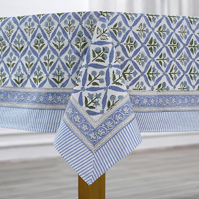 Ridhi Light Steel Blue Hand Block Print Cotton Rectangle Tablecloth 118 x 70 inches Reusable Table Cover Decorative Everyday Use for Dining Room, Farmhouse, Home, Party, Festive & Wedding, Fall