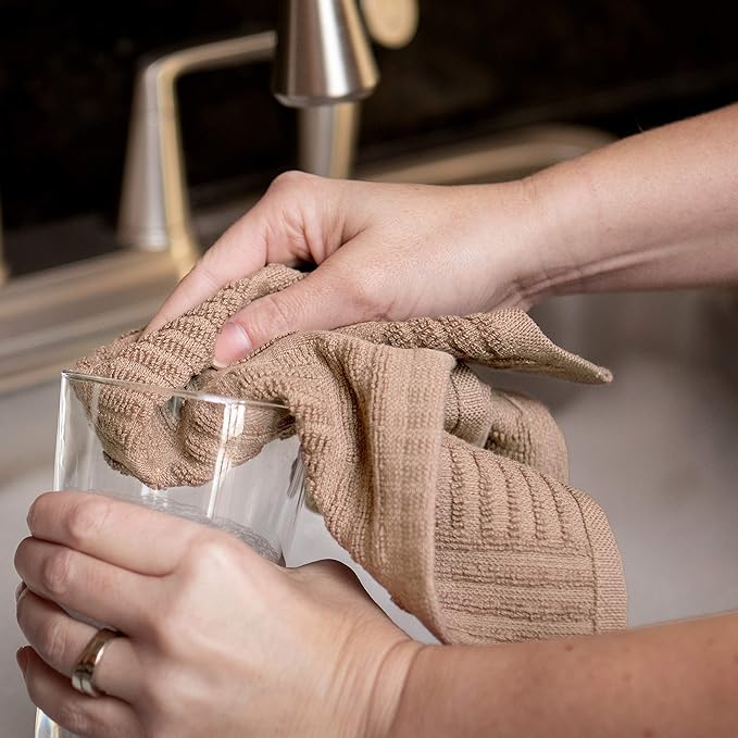 Sticky Toffee Cotton Dishcloths Set of 8 – 12x12 in Tan and White Dish Towels, Reusable and Absorbent Tea Towels for Cleaning or Drying, Oeko-Tex Cotton