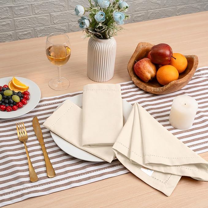Blue Needles Set of 6 Hemstitch Linen Napkins 100% Cotton Cream Cloth Dinner Napkins 18x18 inches, Soft, Reusable, Absorbent, Washable, Ideal for Fall Thanksgiving Events, Parties & Everyday Use
