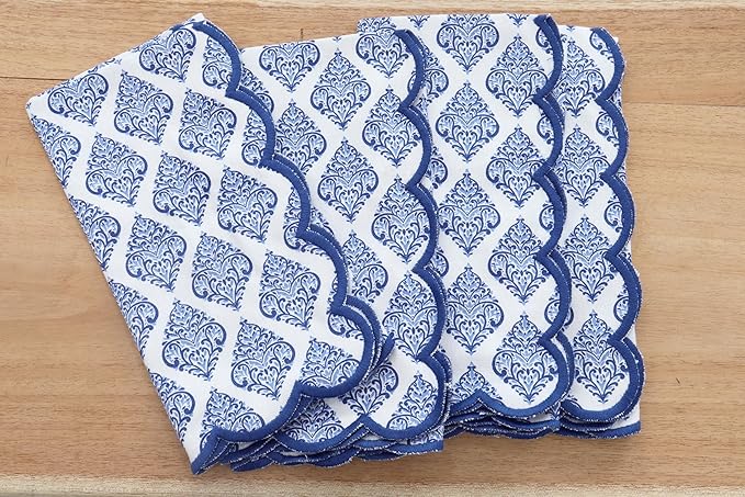 PurpleEssences Scalloped Embroidery Cloth Napkins Christmas Holiday Winter Table Decor 100% Cotton Set of 4-18 x 18 inch - Floral Paisley Edges - Blue