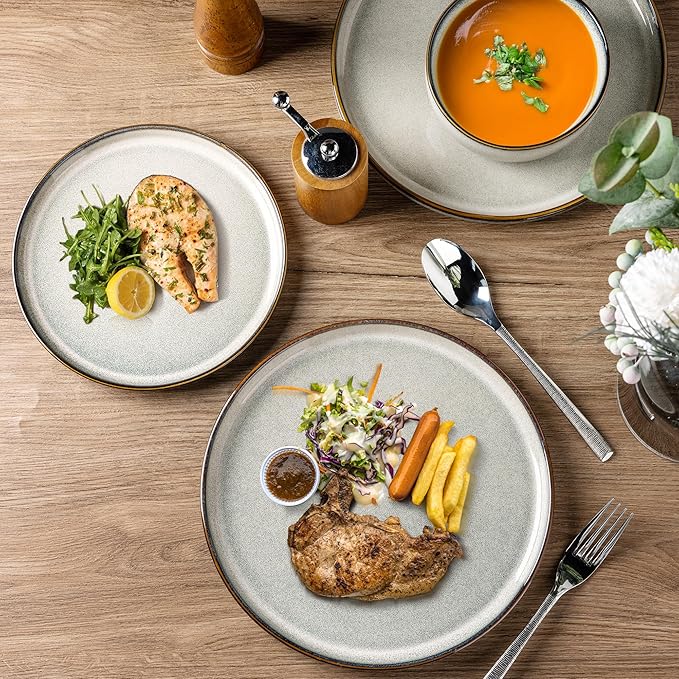 GBHOME 32 Pieces Double Bowls Ceramic Dinnerware Sets for 8, Stoneware Plates and Bowls Set with Reactive Glaze, Scratch Resistant Stoneware Dishes Set, Dishwasher & Microwave Safe