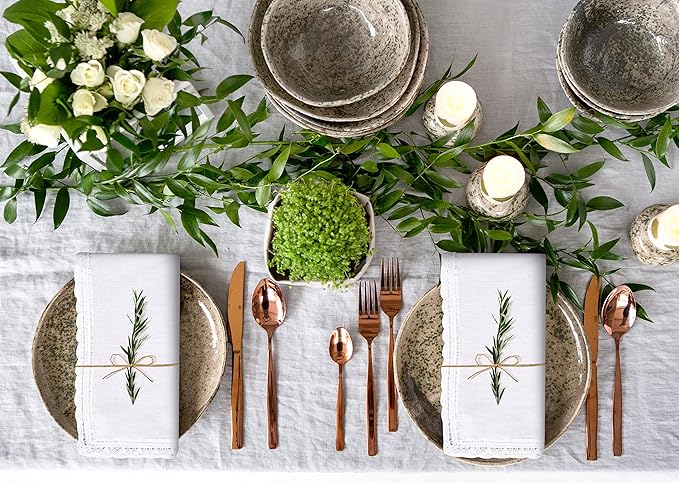 Ramanta Home White Coth Dinner Napkin Set of 12 Premium Cotton 20X20 Inch Oversized Linen Flax Lace Soft & Durable Washable Ideal for Everyday Use Parties Thanksgiving Christmas Halloween