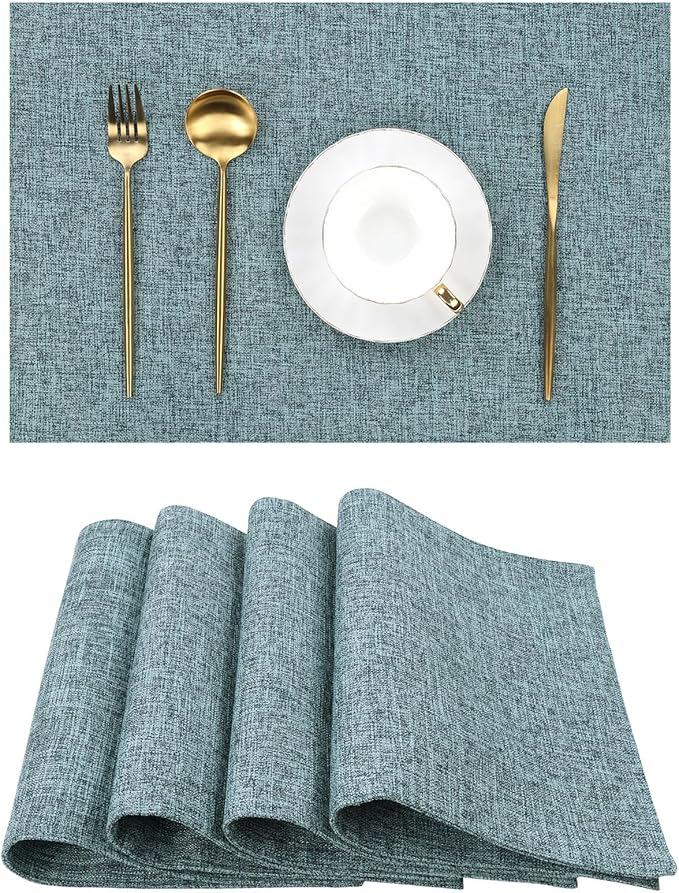 SHACOS Washable Fabric Placemats Set of 4 Heat Resistant Double Layer Cloth Table Mats Non Slip Farmhouse Place Mats, Blue Grey