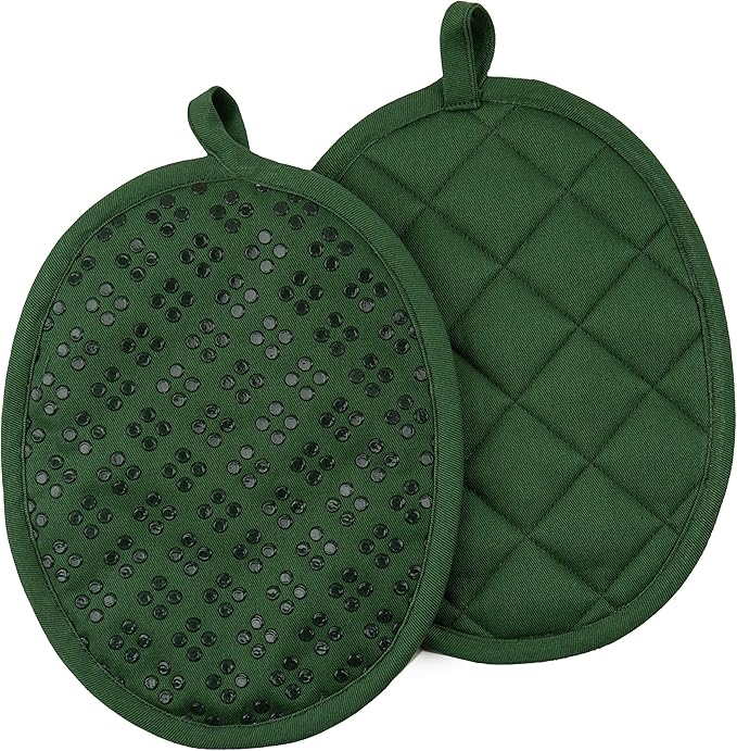 Sticky Toffee Oven Mitt and Pot Holder Set of 3 – Dark Green Non-Slip Silicone Kitchen Hot Pads and Mitts, 100% Cotton Shell, Oeko-Tex Cotton