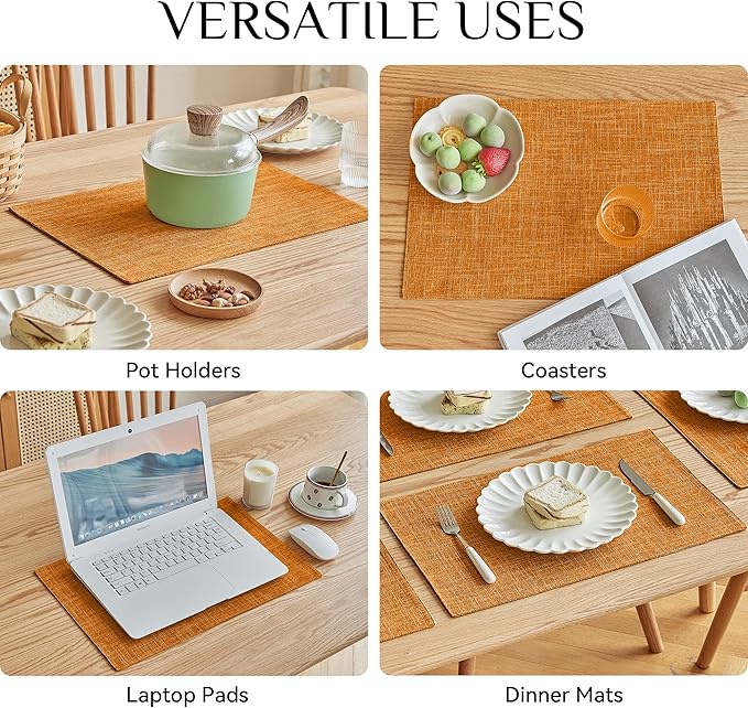 Softalker Faux Linen Placemats Set of 4-12 x 18 Inch, Heat Resistant Double Layered Durable Burlap Farmhouse Place Mats, Non-Slip Washable Rustic Table Mats for Dining, Kitchen, Party（Orange