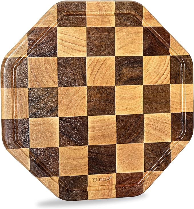 TJ POP End Grain Wood Cutting Board With Juice Groove, Octagon Serving Board For Kitchen, Flippable Charcuterie Board For Cheese, Bread & Fruits, 12x12x0.8 Inch