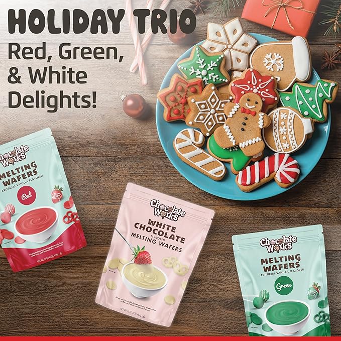 Holiday Melting Chocolate Discs, Red, Green & White, Chocolate Melts for Coating, Dipping & Candy Decorating, Bulk Chocolate Wafer Candy Melts, 5 Pack (2 Red, 2 Green, 1 White), 1 lb Each