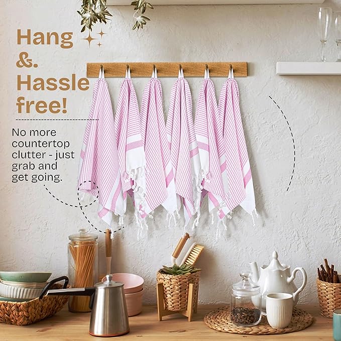 Pink Turkish Kitchen Towels 16x26 Inch, 12 Pack, 100% Cotton, Ultra Absorbent, Soft, Fast Dry, Machine Washable, Dish Towel with Tassels for Drying Dishes, Cleaning, Everyday Use
