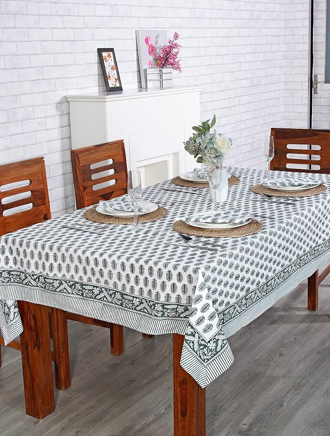 Ridhi Emerald Green Hand Block Print Cotton Rectangle Tablecloth 102 x 48 inches Reusable Table Cover Decorative Everyday Use for Dining Room, Farmhouse, Home, Party, Festive & Wedding, Fall