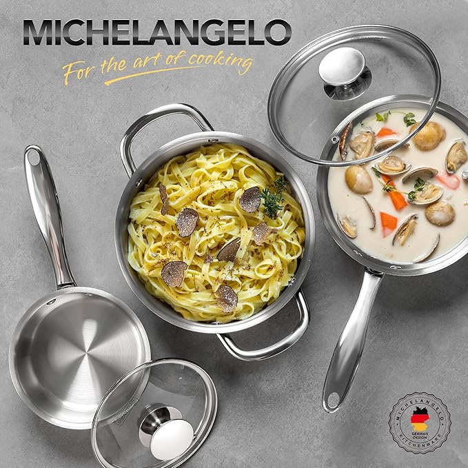 MICHELANGELO Stainless Steel Pot Set with Lids 1QT & 2QT & 3QT, Stainless Steel Saucepan Set 6pcs, 18/10 Induction Saucepans, Induction Compatible, Dishwasher Safe