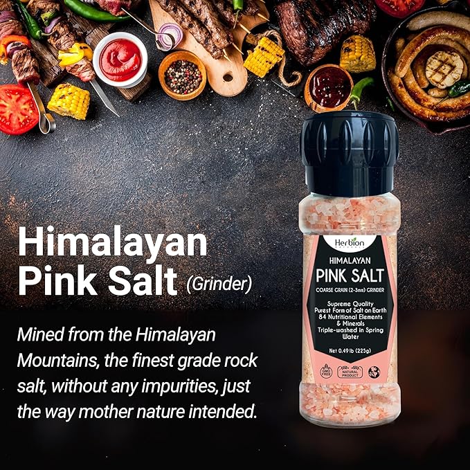 HERBION Naturals Himalayan Pink Salt Grinder Coarse Grain, 100% Pure with 84 Minerals for Seasoning, Refillable, All-Natural Salt, Triple-Washed in Spring Water, Vegan, Kosher Certified Pack of 1