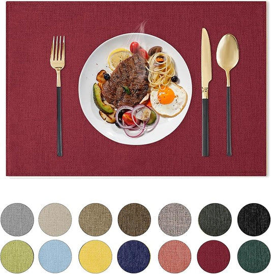 Romanstile Cloth Placemats Set of 8-12 x 18 Inch, Heat Resistant Double Layered Thickened Burlap Christmas Place Mats, Washable Faux Linen Farmhouse Table Mats for Kitchen/Dining/Party/Outdoor, Red