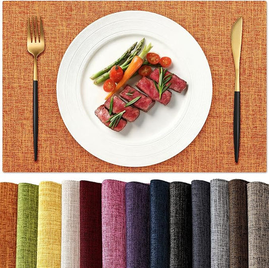 KXN Thanksgiving Placemats Set of 6, Dual-Layer Thickened Faux Linen Table Mats, Heat Resistant & Wrinkle-Free, Machine Washable Cloth Place Mats for Kitchen Dining Indoor Outdoor (Orange)