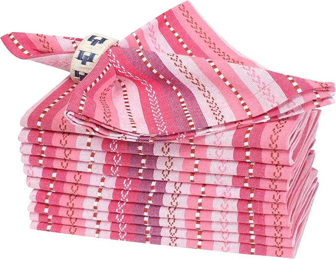 Bedding Craft Cotton Cloth Dinner Napkins Set of 12 – 18x18 Pink Multi Salsa Stripe – Reusable Machine Washable Fabric Napkins for Weddings, Parties, Kitchen & Everyday Dining