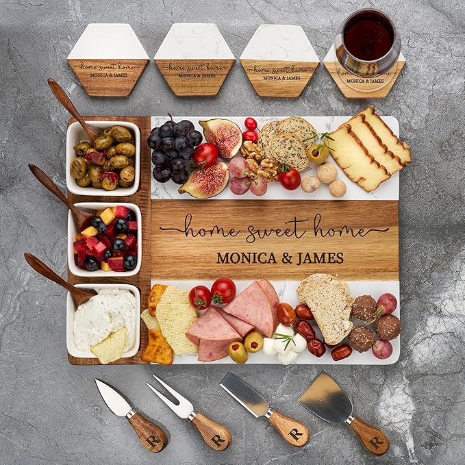 AWESOMETIK Luxury Personalized Acacia Wood & Marble Cheese Board – Custom Engraved Charcuterie Board with Knife Set – Bridal Shower & Housewarming Gift