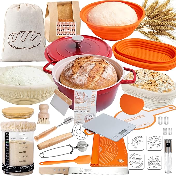Super All-Inclusive Sourdough Starter Kit with Pot,Sourdough Bread Baking Supplies,4 Banneton Bread Proofing Baskets,Dutch Oven for Baking，Scale,34OZ Sourdough Starter Jar, Bread Making Tools Kit