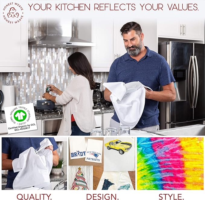 GOTS Certified 100% Organic Flour Sack Cotton Kitchen Hand and Dish Towel Sets - Extra Large 27x27 inches, Fully Hemmed, 12-Pack, Natural Tan