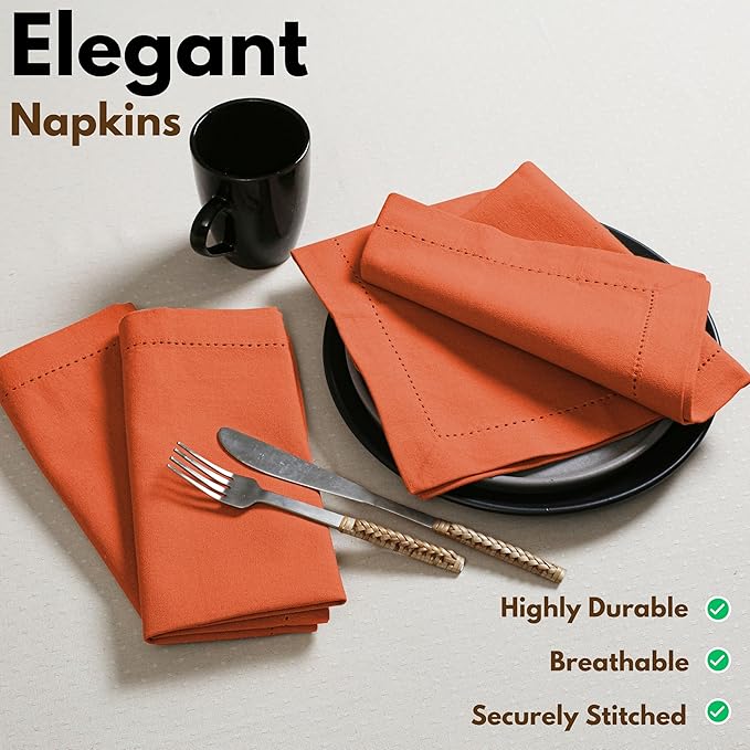 Native Fab Set of 12 Cloth Napkins Hemstitch Corners, 100% Cotton, 18x18 inch, Soft, Absorbent, Washable, Easy Care, Restaurant Hotel Quality - Wedding, Events, Lunch, Dinner Napkins - Orange