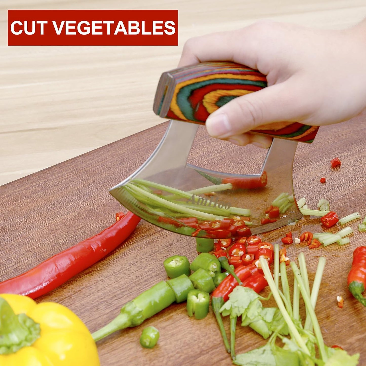 Amhoo Pizza Cutter Chef Mezzaluna Ulu Knife Handle Color Wood Grip Sharp Rocker Slicer Stainless Steel Blade Salad Onion Vegetable Chopper with Holder Base Christmas Gifts