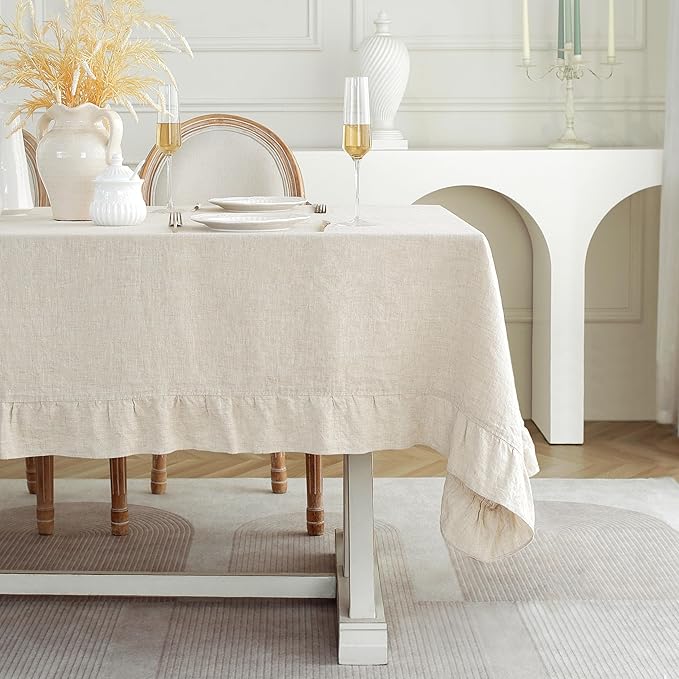 Linen World Ruffle Linen Tablecloth, 100% French Linen Natural Tablecloth 90" x 60" Inch, Washable Rectangular Tablecloth for Dining, Outdoor, Weddings and Restaurants, Decorative Valentine Easter