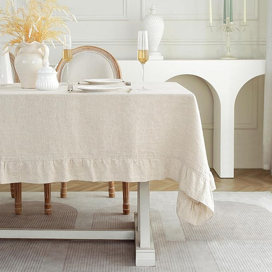 Linen World Ruffle Linen Tablecloth, 100% French Linen Natural Tablecloth 90" x 60" Inch, Washable Rectangular Tablecloth for Dining, Outdoor, Weddings and Restaurants, Decorative Valentine Easter