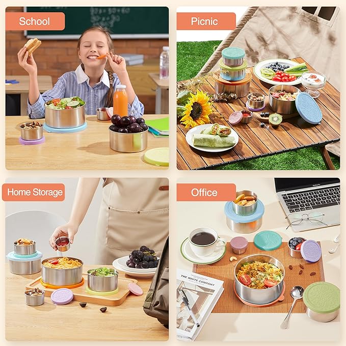 Stainless Steel Food Storage Container, Set of 6, Nesting Bowls with Colorful Lids, stackable leakproof Metal Lunch Box Set for Kids, Daycare, School, Travel. Sauce Salad dressing Container to go