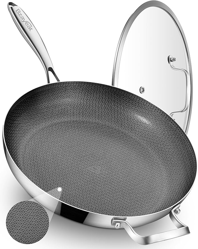 13-Inch Nonstick Hybrid Frying Pan with Lid, Ceramic Coated Tri-Ply Stainless Steel Induction Chef's Pan, Large Skillet, PFOA Free, Oven & Dishwasher Safe for All Stoves, Detachable Handle