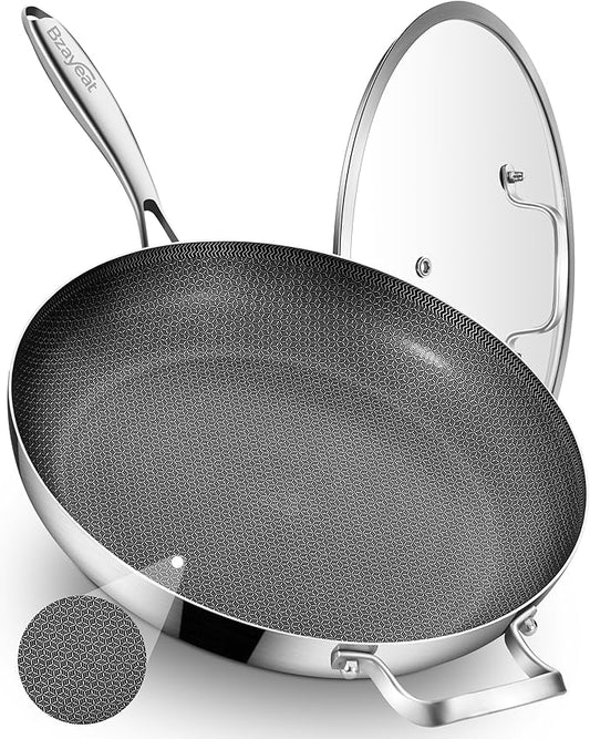 13-Inch Nonstick Hybrid Frying Pan with Lid, Ceramic Coated Tri-Ply Stainless Steel Induction Chef's Pan, Large Skillet, PFOA Free, Oven & Dishwasher Safe for All Stoves, Detachable Handle