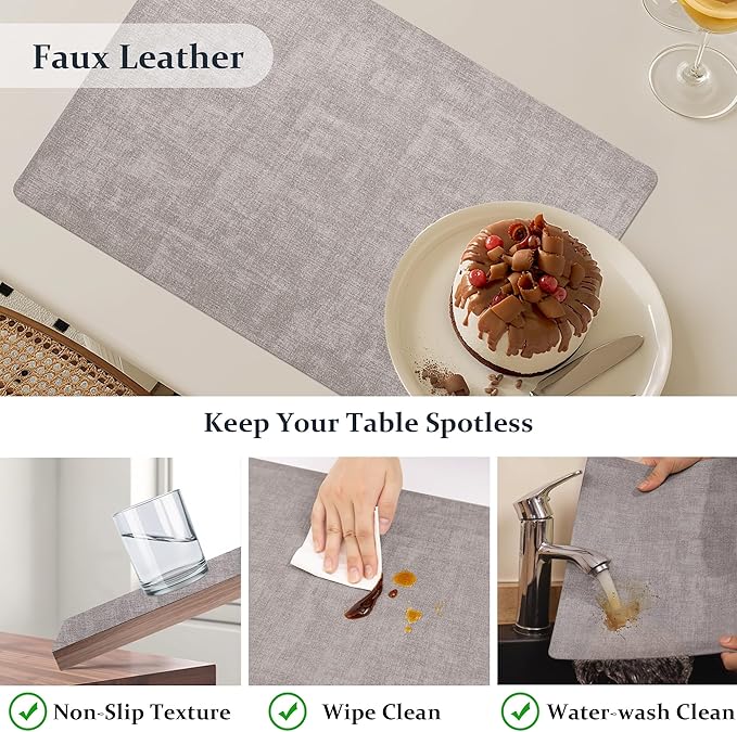 FROMHEART Faux Leather Placemats Set of 12–Waterproof,Heat/Oil Stain-Resistant PU Table Mat–Reversible,Non-Slip,Easy to Clean Place Mats for Kitchen,Dining,Indoor/Outdoor,(Light Grey,11.8" x 17")