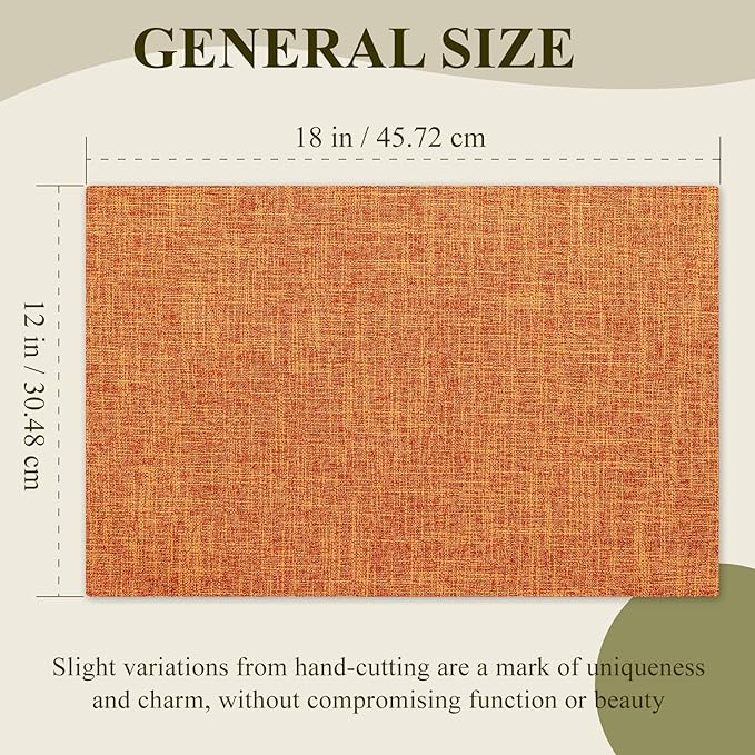 KXN Thanksgiving Placemats Set of 8, Dual-Layer Thickened Faux Linen Table Mats, Heat Resistant & Wrinkle-Free, Machine Washable Cloth Place Mats for Kitchen Dining Indoor Outdoor (Orange)