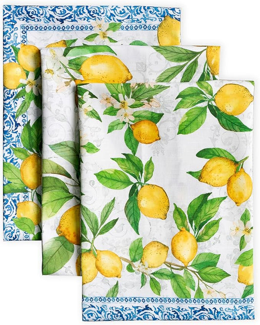 Maison d' Hermine Kitchen Towels Set of 3 100% Cotton 27.50" x 20" Reusable Cloth Tea Dish Towels Absorbent with Hanging Loop for Kitchen, Home, Dining, Cocktail Parties Spring/Summer (Cedrat)