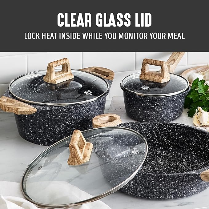 GreenLife 8 Piece Ceramic Nonstick Cookware Set, Induction Suitable Non Toxic PFAS-Free Pots & Pans, Dishwasher Safe, Cooking Set, Stock Pot, Saucepans & Frying Pans, Kitchen Cooking, Granite Black