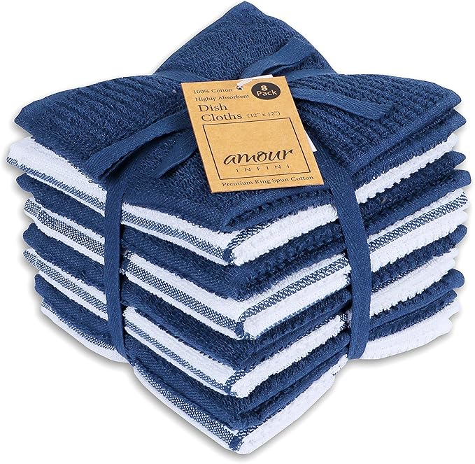 AMOUR INFINI Dish Cloths for Washing Dishes Set of 8 - Highly Absorbent, Super Soft Kitchen Dishcloths - Reusable Quick Dry Dish Rags for Cleaning & Drying Kitchen Linens (12x12 Inch - Blue)