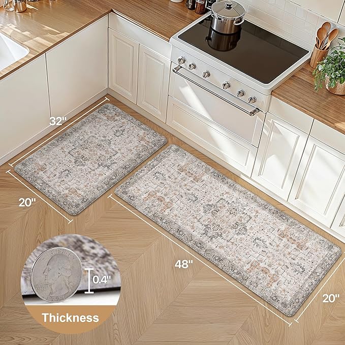 GENIMO Kitchen Mats for Floor 2PCs, Washable Anti Fatigue Mat for Cushioned, 20"x48"+20"x32", Waterproof Kitchen Rugs, Non Slip Comfort Standing Mat Rug for Home, Sink, Laundry, LightTaupeBrown
