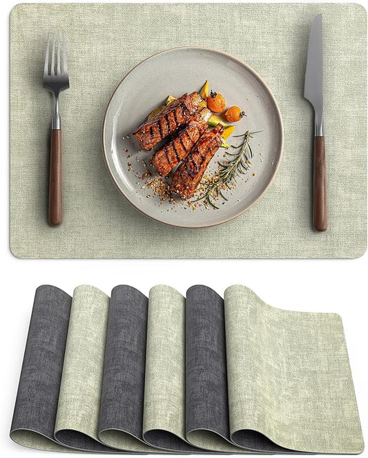 Faux Leather Vinyl Placemats Set of 6 Wipeable Heat Resistant Place Mats 100% Washable - Waterproof - Anti Slip Reversible Table Mats for Kitchen/Dining/Party, 12" x 16.5", Grass Green & Black
